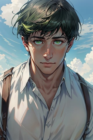 Bertlot, (black hair), (pale green eyes, normal size eyes), (aquiline nose:1.2), fit body, wearing pure white collared shirt, handsome, charming, alluring, calm eyes, (standing), (upper body in frame), simple background, green plains, cloudy blue sky, perfect light, only1 image, perfect anatomy, perfect proportions, perfect perspective, 8k, HQ, (best quality:1.5, hyperrealistic:1.5, photorealistic:1.4, madly detailed CG unity 8k wallpaper:1.5, masterpiece:1.3, madly detailed photo:1.2), (hyper-realistic lifelike texture:1.4, realistic eyes:1.2), picture-perfect face, perfect eye pupil, detailed eyes, realistic, HD, UHD, (front view:1.2), portrait, looking outside frame,bertolt