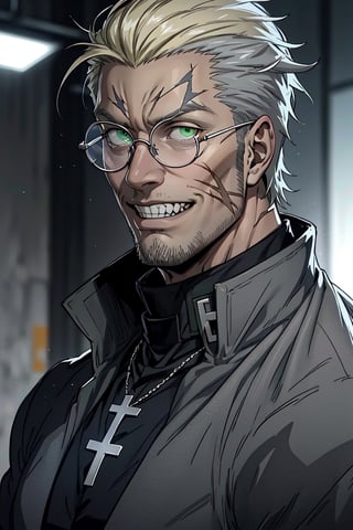 solo male, Alexander Anderson, Hellsing, Catholic priest, short silver-blond hair, green eyes, crazy eyes, tanned skin, defined squared jaw, light facial hair, wedge-shaped scar on left cheek, round glasses, black clerical collar shirt with blue trim, (open grey coat:1.5), open coat, white gloves, silver cross necklace, (single cross:1.2), mature, middle-aged, imposing, tall, handsome, charming, alluring, evil grin, (portrait, close-up, face focus), face only, perfect anatomy, perfect proportions, best quality, masterpiece, high_resolution, dutch angle, photo background, Vatican City, indoor