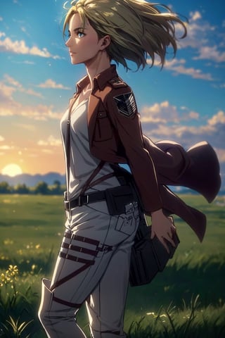 1girl, solo, Nanaba, Attack on Titan, blue eyes, wore standard Survey Corps uniform with a light-colored v-neck underneath, (blond hair) short light hair, petite build, beautiful, handsome female, charming, alluring, gentle expression, soft expression, calm, smile (standing), (full body in frame), simple background, green plains, sky, dawn light, cinematic light, perfect anatomy, perfect proportions, 8k, HQ, HD, UHD, (best quality:1.5, hyperrealistic:1.5, photorealistic:1.4, madly detailed CG unity 8k wallpaper:1.5, masterpiece:1.3, madly detailed photo:1.2), (hyper-realistic lifelike texture:1.4, realistic eyes:1.2), picture-perfect face, perfect eye pupil, detailed eyes, dynamic, (dutch angle), (side view), AttackonTitan,perfecteyes, Nanaba,1 girl