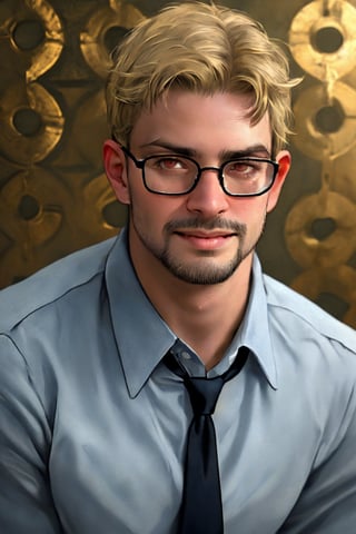 (1 image only), solo male, reiner braun, hazel eyes, blond hair, short hair, bare forehead, (facial hair, stubble1.2), (black glasses1.2), (pure light-blue collared shirt1.2, deep-blue necktie:1.2, black pants), (tucked-in shirts), mature, manly, hunk, masculine, virile, confidence, charming, alluring, slight smile, standing, upper body in frame, (1920s artdeco style luxury black and gold pattern background:1.2), perfect anatomy, perfect proportions, 8k, HQ, (best quality:1.5, hyperrealistic:1.5, photorealistic:1.4, madly detailed CG unity 8k wallpaper:1.5, masterpiece:1.3, madly detailed photo:1.2), (hyper-realistic lifelike texture:1.4, realistic eyes:1.2), picture-perfect face, perfect eye pupil, detailed eyes,perfecteyes