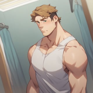 score_9, score_8_up, score_7_up, score_6_up, perfect anatomy, perfect proportions, best quality, masterpiece, high_resolution, high quality, solo male, Gagumber, brown hair, two-tone hair, sideburns, facial hair, stubble, green eyes, thick eyebrows, white tank top, ((white/blue bengal stripe boxer, loose boxer)), grey socks, standing, adult, mature, masculine, manly, handsome, charming, alluring