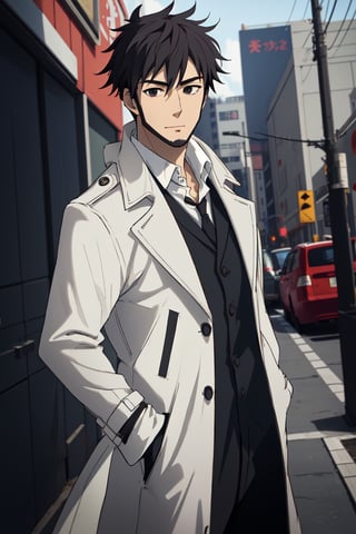 solo male, Genma Shizume, Asian, Japanese, black hair, chinstrap beard, sideburns, black eyes, (white collared shirt, black neckti, black jacket), ((brown overcoat, open overcoat)), black pants, black gloves, mature, handsome, charming, allurin, smile, standing, upper body, perfect anatomy, perfect proportions, (best quality, masterpiece, high_resolution:1.3), perfect eyes, dutch angle, cowboy shot