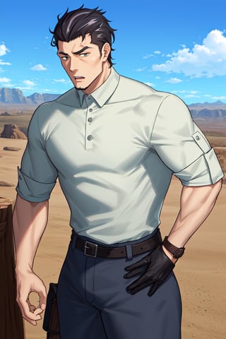 (1 image only), solo male, Kaburagi, Deca Dence, greying black hair, slicked back hair, thick eyebrows, sideburns, goatee, green eyes, scar, tucked-in wide necked short-sleeved white shirt, sleeves tucked up and buttoned, short sleeves, olive wide pants, brown boots. black belt tied. leather bracelet, toned male, mature, handsome, charming, alluring, cross arms, upper body, perfect anatomy, perfect proportions, best quality, masterpiece, high_resolution, dutch angle, cowboy shot, outdoors, day, blue sky, science fiction, photo background,