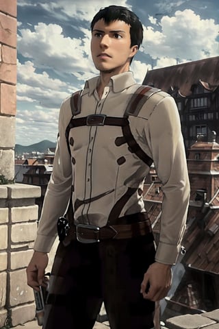 ,handsome, male focus,masterpiece, best quality, photorealistic, detailed skin, picture-perfect face, charming, alluring, seductive, erotic, enchanting, hourglass body shape,  AttackonTitan, art_deco_fusion, handsome male, FFIXBG, Bertlot, hand on own chin, top body, on city wall