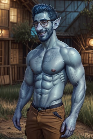 (1 image only), solo male, Wilden Lightfoot, Pixar Animation Onward, (blue skin:1.2), dark blue hair, short hair, brown eyes, thick eyebrows, pointy ears, facial hair, beard, black-framed-glasses, (topless, shirtless:1.2), khaki pants, mature, bara, dilf, handsome, charming, alluring, smile, standing, upper body, perfect anatomy, perfect proportions, (best quality, masterpiece), (perfect eyes, perfect eye pupil), perfect hands, high_resolution, dutch angle, cowboy shot, green field