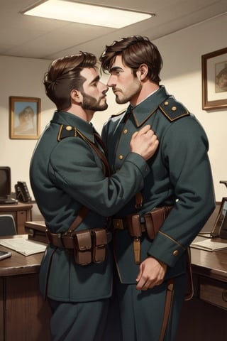 ((2peoplei)), 1 mature man giver,1 mature dad receiver, ((uniform)), short hair, stubble, dilf, different hair style, different hair color, different face,, makeout, gay, homo, highly detailed face, detailed eyes, perfect light, 1910s office room, retro, (best quality), (8k), (masterpiece), best quality, 1 image, ww1ger, perfect anatomy, rugged, manly, hunk