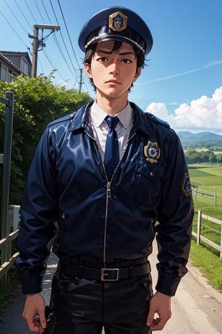 (1 image only), solo male, Agawa Daigo, Gannibal, Asian ,Japanese, black hair, short hair, stubble, black eyes, policeman, white collared shirt, dark blue necktie, black jacket, dark blue pants, black shoes, Japanese police peaked cap, mature, handsome, charming, alluring, standing, upper body, perfect anatomy, perfect proportions, (best quality, masterpiece), (perfect eyes), perfect hands, high_resolution, dutch angle, cowboy shot, rural .pastoral