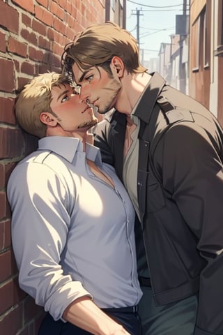 perfect anatomy, perfect proportions, perfect perspective, couple, ((2people)), first man giver (jean_kirstein, brown hair, stubble, light brown eyes),second mature man receiver(reiner braun, blond hair, stubble, hazel eyes), ((pure white collared shirt, fit shirt, roll-up sleeves)), stubble, dilf, different hair style, different hair color, different face, makeout, eye contact, gay, homo, slight shy, charming, alluring, seductive, highly detailed face, detailed eyes, perfect light, on 1910s city wall, military, retro, (best quality), (8k), (masterpiece), best quality, 1 image, rugged, manly, hunk, hug 