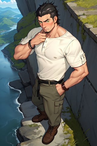 (1 image only), solo male, Kaburagi, Deca Dence, greying black hair, slicked back hair, thick eyebrows, sideburns, goatee, green eyes, scar, tucked-in wide necked short-sleeved white shirt, sleeves tucked up and buttoned, short sleeves, olive wide worker pants, brown boots. simplpe leather bracelet, toned male, mature, handsome, charming, alluring, blush, hand in pocket, perfect anatomy, perfect proportions, best quality, masterpiece, high_resolution, dutch angle, outdoors, day, blue sky, science fiction, photo background, better_hands, (perfect hand, perfect fingers:1.2)