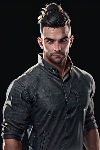 David King, black hair, stubble, handsome, charming, alluring, rugged, white collared shirt, black jacket, crewcut, (standing), (upper body in frame), simple background, black background, fog, dark atmosphere, perfect light, perfect anatomy, perfect proportions, perfect perspective, 8k, HQ, (best quality:1.5, hyperrealistic:1.5, photorealistic:1.4, madly detailed CG unity 8k wallpaper:1.5, masterpiece:1.3, madly detailed photo:1.2), (hyper-realistic lifelike texture:1.4, realistic eyes:1.2), picture-perfect face, perfect eye pupil, detailed eyes, realistic, HD, UHD, (front view:1.2), portrait, looking outside frame