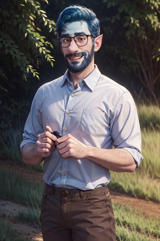 (1 image only), solo male, Wilden Lightfoot, Pixar Animation Onward, blue skin, dark blue hair, short hair, brown eyes, thick eyebrows, pointy ears, facial hair, beard, black-framed-glasses, (white collared shirt:1.2), khaki pants, mature, bara, dilf, handsome, charming, alluring, smile, standing, upper body, perfect anatomy, perfect proportions, (best quality, masterpiece), (perfect eyes, perfect eye pupil), perfect hands, high_resolution, dutch angle, cowboy shot, green field