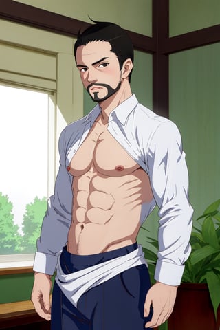 solo male, Maeda, Asobi Asobase, butler, black hair, short hair, black eyes, facial hair, white collared shirt, (open shirt, bare neck, bare chest, bare belly), dark blue pants, mature, handsome, charming, alluring, blush, calm, polite, standing, upper body, perfect anatomy, perfect proportions, best quality, masterpiece, high_resolution, cowboy shot, mansion garden, photo background , view from front 
