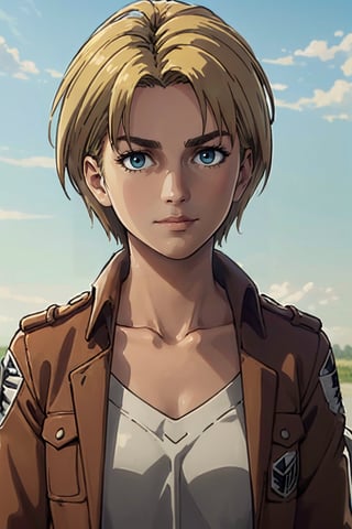 1girl, solo, Nanaba, Attack on Titan, blue eyes, wore standard Survey Corps uniform with a light-colored v-neck underneath, (blond hair) short light hair, petite build, beautiful, handsome, charming, alluring, gentle expression, soft expression, calm, smile (standing), (upper body in frame), simple background, green plains, sky, dawn light, cinematic light, perfect anatomy, perfect proportions, 8k, HQ, HD, UHD, (best quality:1.5, hyperrealistic:1.5, photorealistic:1.4, madly detailed CG unity 8k wallpaper:1.5, masterpiece:1.3, madly detailed photo:1.2), (hyper-realistic lifelike texture:1.4, realistic eyes:1.2), picture-perfect face, perfect eye pupil, detailed eyes, dynamic, dutch angle, (sode view), AttackonTitan