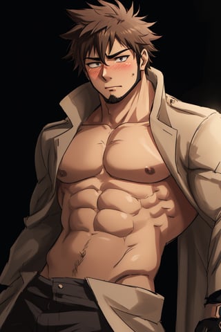 solo male, Genma Shizume, Asian, Japanese, black hair, chinstrap beard, sideburns, black eyes, calm eyes, slitty eyes, intense gaze, blush, shy,  (topless, bare chest, bare neck, bare belly, bare abdomen), (light brown trench coat, open trench coat:1.2), black pants, black gloves, mature, masculine, handsome, charming, allurin, smile, upper body, perfect anatomy, perfect proportions, (best quality, masterpiece, high_resolution:1.3), (perfect eyes, perfecteyes:1.3),perfecteyes