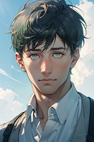 Bertolt Hoover, (black hair, shorter hair:1.2), (pale green eyes, normal size eyes), (aquiline nose:1.2), fit body, wearing pure white collared shirt, blue sweater, handsome, charming, alluring, calm eyes, (standing), (upper body in frame), simple background, green plains, cloudy blue sky, perfect light, only1 image, perfect anatomy, perfect proportions, perfect perspective, 8k, HQ, (best quality:1.5, hyperrealistic:1.5, photorealistic:1.4, madly detailed CG unity 8k wallpaper:1.5, masterpiece:1.3, madly detailed photo:1.2), (hyper-realistic lifelike texture:1.4, realistic eyes:1.2), picture-perfect face, perfect eye pupil, detailed eyes, realistic, HD, UHD, (front view:1.2), portrait, looking outside frame