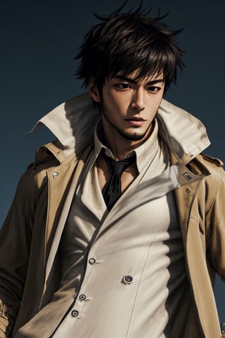 solo male, Genma Shizume, Asian, Japanese, black hair, chinstrap beard, sideburns, black eyes, calm eyes, slitty eyes, intense gaze, (dress in layers), white collared shirt, black necktie, (black suit jacket:1.3), (light brown trench coat, open trench coat:1.3), black pants, black gloves, mature, masculine, handsome, charming, allurin, grin, smile, upper body, perfect anatomy, perfect proportions, (best quality, masterpiece, high_resolution:1.3), (perfect eyes, perfecteyes:1.3)