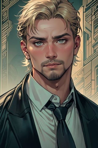 (1 image only), solo male, reiner braun, hazel eyes, blond hair, short hair, bare forehead, (facial hair, stubble), (pure light-blue collared shirt1.2, deep-blue necktie:1.2, black pants), (tucked-in shirts), mature, manly, hunk, masculine, virile, confidence, charming, alluring, slight smile, standing, upper body in frame, (1920s artdeco style luxury black and gold pattern background:1.2), perfect anatomy, perfect proportions, 8k, HQ, (best quality:1.5, hyperrealistic:1.5, photorealistic:1.4, madly detailed CG unity 8k wallpaper:1.5, masterpiece:1.3, madly detailed photo:1.2), (hyper-realistic lifelike texture:1.4, realistic eyes:1.2), picture-perfect face, perfect eye pupil, detailed eyes,perfecteyes,neon_nouveau