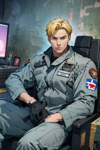 solo male, Lewis Smith \(Brave Bang Bravern\), ((blond hair)), short hair, blue eyes, (((grey pilot jumpsuit, gray pilot  jumpsuit, grey sleeves))), black boots, mature, handsome, charming, alluring, muscular, beefy, sitting,  mecha cockpit, standing, upper body, perfect anatomy, perfect proportions, best quality, masterpiece, high_resolution, dutch angle, photo background, science fiction, mecha, monitor, cinematic, war