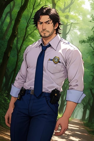 (1 image only), solo male, Agawa Daigo, Gannibal, Asian ,Japanese, black hair, short hair, thin stubble, black eyes, policeman, white collared shirt, dark blue necktie, roll up sleeves, dark blue pants, black shoes , mature, handsome, charming, alluring, perfect anatomy, perfect proportions, (best quality, masterpiece), (perfect eyes), perfect hands, high_resolution, dutch angle, cowboy shot, rural, pastoral, forest, creep, suspense, horror, manga, best quality