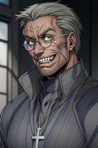 solo male, Alexander Anderson, Hellsing, Catholic priest, short silver-blond hair, green eyes, tanned skin, defined squared jaw, light facial hair, wedge-shaped scar on left cheek, round glasses, opaque glasses, glowing glasses, black clerical collar shirt with blue trim, (grey coat, open coat:1.6), white gloves, silver cross necklace, (single cross, accurate cross:1.2), mature, middle-aged, imposing, tall, handsome, charming, alluring, ((crazy eyes, evil grin)), (portrait, close-up, face focus), face only, perfect anatomy, perfect proportions, best quality, masterpiece, high_resolution, dutch angle, photo background, Vatican City, indoor