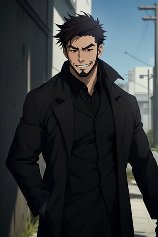 (1 image only), solo male, Genma Shizume, Darker than Black, Asian, Japanese, black hair, chinstrap beard, sideburns, black eyes, thick eyebrows, black business suit, white collared shirt, blck neckti, brown overcoat, open overcoat, black gloves, mature, handsome, charming, alluring, grin, standing, upper body, perfect anatomy, perfect proportions, best quality, masterpiece high_resolution, dutch angle, cowboy shot  
