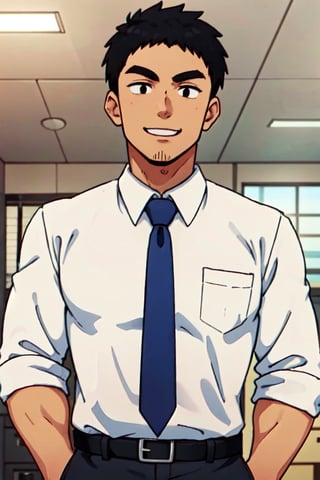 Harumi Takeda, Japanese, stubble on chin, black eyes, black hair, short hair, wore white collared shirt, blue necktie, black pants, masculine, handsome, smile, fit body, handsome, charming, alluring, office, (standing), (upper body in frame), perfect light, perfect anatomy, perfect proportions, perfect perspective, 8k, HQ,  (best quality:1.2, masterpiece:1.2), perfect face, front view, portrait