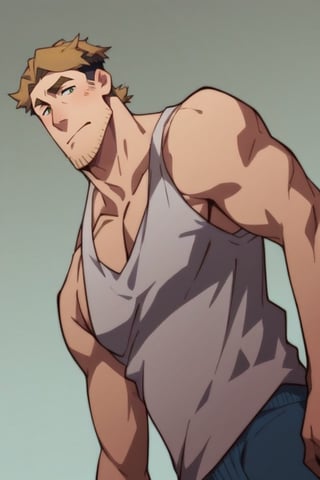 score_9, score_8_up, score_7_up, score_6_up, perfect anatomy, perfect proportions, best quality, masterpiece, high_resolution, high quality, solo male, Gagumber, brown hair, two-tone hair, sideburns, facial hair, stubble, green eyes, thick eyebrows, white tank top, blue bengal stripe boxer, loose boxer, grey socks, standing, adult, mature, masculine, manly, handsome, charming, alluring