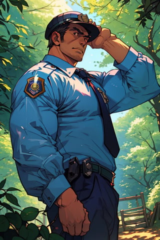 (1 image only), solo male, Agawa Daigo, Gannibal, Asian ,Japanese, black hair, short hair, thin stubble, black eyes, policeman, white collared shirt, dark blue necktie, white sleeves, roll up sleeves, dark blue pants, black shoes, (police peaked cap, adjusting headwear:1.2), mature, handsome, charming, alluring, perfect anatomy, perfect proportions, (best quality, masterpiece), (perfect eyes), perfect hands, high_resolution, dutch angle, cowboy shot, rural, pastoral, forest, creep, suspense, horror, manga, best quality