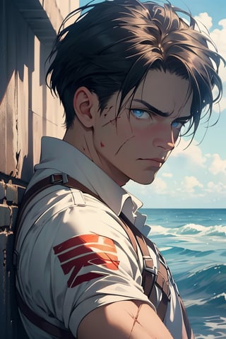 Levi Ackerman, black hair, dull blue eyes,  intense gaze, pure white collared shirt,(white eye bandage on righteye), (AttackonTitan, wearing Omni-directional mobility gear), fit body, 34 years old, charming, alluring, dejected, depressed, sad, calm eyes, (standing), (upper body in frame), simple background, endless ocean, pink cloudy sky, dawn, 1910s harbor, only1 image, perfect anatomy, perfect proportions, perfect perspective, 8k, HQ, (best quality:1.5, hyperrealistic:1.5, photorealistic:1.4, madly detailed CG unity 8k wallpaper:1.5, masterpiece:1.3, madly detailed photo:1.2), (hyper-realistic lifelike texture:1.4, realistic eyes:1.2), picture-perfect face, perfect eye pupil, detailed eyes, realistic, HD, UHD, (front view, symmetrical picture, vertical symmetry:1.2), look at viewer, scars on face, weathered, wounds, blood