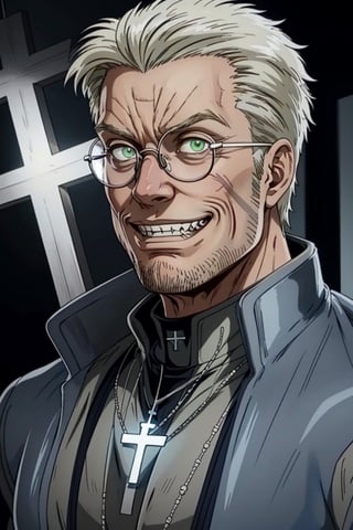 solo male, Alexander Anderson, Hellsing, Catholic priest, short silver-blond hair, green eyes, tanned skin, defined squared jaw, light facial hair, wedge-shaped scar on left cheek, round glasses, opaque glasses, glowing glasses, black clerical collar shirt with blue trim, (grey coat, open coat:1.3), white gloves, silver cross necklace, (single cross, accurate cross:1.2), mature, middle-aged, imposing, tall, handsome, charming, alluring, ((crazy eyes, evil grin)), (portrait, close-up, face focus), face only, perfect anatomy, perfect proportions, best quality, masterpiece, high_resolution, dutch angle, photo background, Vatican City, indoor