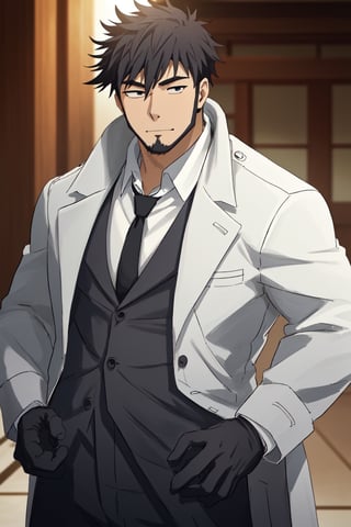 solo male, Genma Shizume, Asian, Japanese, black hair, chinstrap beard, sideburns, black eyes, calm eyes, slitty eyes, (white collared shirt, black necktie, black jacket), ((brown overcoat, open overcoat)), black pants, black gloves, mature, masculine, handsome, charming, allurin, smile, standing, upper body, hand on waist, perfect anatomy, perfect proportions, (best quality, masterpiece, high_resolution:1.3), perfect eyes, dutch angle, cowboy shot