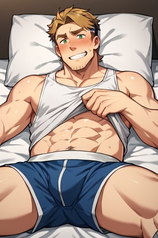 score_9, score_8_up, score_7_up, (solo man), Gagumber, brown hair, two-tone hair, sideburns, facial hair, stubble, green eyes, thick eyebrows, upper body, (lying on bed, on back, spread legs), masculine, handsome, charming, alluring, lustful, perfect eyes, white tank top, (white/blue bengal stripe boxer, loose boxer), lift up tank top, bare arms, bare abdomen, grey socks, perfecteyes, perfect anatomy, perfect proportions, blush, sweatdrop, awkward, grin, embarrassed