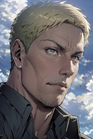 reiner_braun, (blond hair), (hazel eyes:1.3), (aquiline nose:1.2), shaved face, fit body, wearing pure military green collared shirt, handsome, charming, alluring, intense gaze, angled eyebrow, (standing), (upper body in frame), simple background, green plains, cloudy blue sky, perfect light, only1 image, perfect anatomy, perfect proportions, perfect perspective, 8k, HQ, (best quality:1.5, hyperrealistic:1.5, photorealistic:1.4, madly detailed CG unity 8k wallpaper:1.5, masterpiece:1.3, madly detailed photo:1.2), (hyper-realistic lifelike texture:1.4, realistic eyes:1.2), picture-perfect face, perfect eye pupil, detailed eyes, realistic, HD, UHD, (front view:1.2), portrait, looking outside frame,(MkmCut)