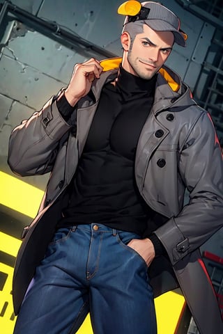 (1 image only), solo male, Munehisa Iwai,  Persona, Asian, Japanese, Weapons Dealer, grey hair, short hair, stubble, grey eyes, sideburns, gray pin-striped hat, (yellow ear defenders),  black turtleneck sweater, long gray coat, open coat, coat hood down, simple blue jeans, black leather boots, mature, masculine, handsome, charming, alluring, smile, perfect anatomy, perfect proportions, (best quality, masterpiece), (perfect eyes), high_resolution, dutch angle, [cowboy shot]