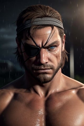 (1 image only), solo male, 1boy, Big Boss, Metal Gear Solid, bslue eyes, brown hair, facial hair, (single eyepatch), (grey headband:1.3), handsome, mature, charming, alluring, upper body in frame, perfect anatomy, perfect proportions, 8k, HQ, (best quality:1.2, hyperrealistic:1.2, photorealistic:1.2, masterpiece:1.3, madly detailed photo:1.2), (hyper-realistic lifelike texture:1.2, realistic eyes:1.2), high_resolution, perfect eye pupil, dutch angle, dynamic, action, raining, night