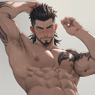 score_9, score_8_up, score_7_up, mns-pose, 1boy, solo, male focus, (GLADIOLUS AMICITIA, hair slicked back, arm tattoo, scar across eye, facial hair, stubble), masculine, topless, bottomless, nude, sweaty, wet, shiny skin, looking at viewer, horny, blush, looking down, from below, upper body, close-up, nipples, nipple slip, large pectorals, pectoral focus, sidepec, nude, muscular, muscular male, bara, simple background, (perfect eyes:1.1) , ((from below))