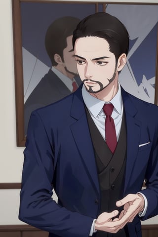 solo male, Maeda, Asobi Asobase, butler, black hair, short hair, black eyes, facial hair, dark blue 3 Piece Suit, formal, white collared shirt, red necktie, dark blue vest, dark blue jacket, dark blue pants, mature, handsome, charming, alluring, calm, polite, (close-up, portrait), perfect anatomy, perfect proportions, best quality, masterpiece, high_resolution, (front view)