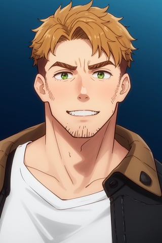 (1 image only), solo male, Gagumber, Sakugan, physical laborer worker, brown hair, two-tone hair, stubble, sideburns, green eyes, thick eyebrows, (white tank top), (orange High-visibility jacket), open jacket, green work pants, black boots, black gloves, mature, handsome, charming, alluring, smile, ((portrait, close-up)), perfect anatomy, perfect proportions, high_resolution, dutch angle, detailed background, cyberpounk city