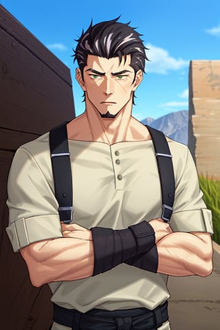 (1 image only), solo male, Kaburagi, Deca Dence, greying black hair, slicked back hair, thick eyebrows, sideburns, goatee, green eyes, scar, tucked-in wide necked short-sleeved white shirt, sleeves tucked up and buttoned, short sleeves, olive wide pants, brown boots. black belt tied. leather bracelet, toned male, mature, handsome, charming, alluring, (arms crossed), upper body, perfect anatomy, perfect proportions, best quality, masterpiece, high_resolution, dutch angle, cowboy shot, outdoors, day, blue sky, science fiction, photo background, (Hands:1.1), better_hands, perfect fingers