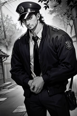(1 image only), solo male, Agawa Daigo, Gannibal, Asian ,Japanese, black hair, short hair, (stubble), black eyes, policeman, white collared shirt, dark blue necktie, black jacket, long sleeves, buttoned up jacket, dark blue pants, black shoes, Japanese police peaked cap, mature, handsome, charming, alluring, perfect anatomy, perfect proportions, (best quality, masterpiece), (perfect eyes), perfect hands, high_resolution, dutch angle, cowboy shot, rural .pastoral, forest, creep, suspense, horror, manga, greyscale, monochrome