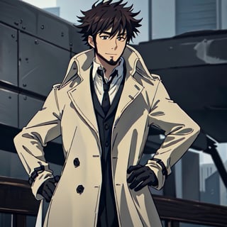 solo male, Genma Shizume, Asian, Japanese, black hair, chinstrap beard, sideburns, black eyes, calm eyes, slitty eyes, (white collared shirt, black necktie, black jacket:1.3), (brown trench coat, open trench coat:1.3), black pants, black gloves, mature, masculine, handsome, charming, allurin, smile, standing, upper body, hand on waist, perfect anatomy, perfect proportions, (best quality, masterpiece, high_resolution:1.3), perfect eyes, dutch angle, cowboy shot