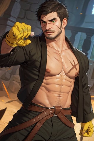 solo male, Grappler, Dungeon Fighter Online, black hair, short hair, brown eyes, thick eyebrows, forked eyebrows, stubble, green eyes, scars on face, scar on cheek, scar on chest, pectorals, pectoral cleavage, rn black dougi, black pants, red martial arts belt, yellow fingerless gloves, barefoot, bandaged hand, toned male, mature, handsome, charming, alluring, serious, fighting stance, upper body, perfect anatomy, perfect proportions, (perfect eyes), best quality, masterpiece, high_resolution, dutch angle, cowboy shot, photo background