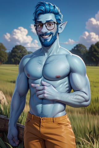 (1 image only), solo male, Wilden Lightfoot, Pixar Animation Onward, (blue skin:1.2), dark blue hair, short hair, brown eyes, thick eyebrows, pointy ears, facial hair, beard, black-framed-glasses, (topless, shirtless:1.2), khaki pants, mature, bara, dilf, handsome, charming, alluring, smile, standing, upper body, perfect anatomy, perfect proportions, (best quality, masterpiece), (perfect eyes, perfect eye pupil), perfect hands, high_resolution, dutch angle, cowboy shot, green field