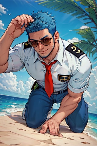 (1 image only), solo male, Wilbur, Animal Crossing, personification, blue hair, short hair, blue facial hair, jawline stubble, black eyes, (aviator sunglasses), aviation pilot uniform, white collor shirt, red necktie, epaulette, blue pants, (lower body out of frame), mature, bara, handsome, charming, alluring, smile, shy, blush, large pectorals, (on all four, all fours pose, upperbody:1.2), boy on top, (from below, pov, close-up), looking at viewer, hands on ground, (perfect anatomy), perfect proportions, (best quality, masterpiece), (perfect eyes, perfect eye pupil), perfect hands, high_resolution, seaside, summer