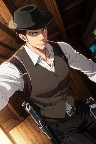 solo male, Kenny Ackerman, Attack on Titan Anime style, brown hair, hair slicked back, grey eyes, sideburns, thin beard along jawline, white collared shirt, long sleeves, (simple black vest, long vest), black pants, (dark fedora hat), (vertical maneuvering equipment, silver color armor, holster), athletic build, middle-age, mature, handsome, charming, alluring, smirk, perfect anatomy, perfect proportions, best quality, masterpiece, high_resolution, dutch angle, indoor, vintage bar