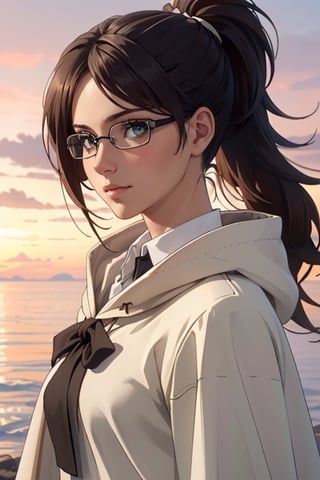 1 girl, HangeAOT, dark brown hair, messy high ponytail, light brown eyes, pure white collared shirt, (green scouts cloak), glasses, (black eye patch on left eye), fit body, mature, 35 years old, charming, alluring, (standing), (upper body in frame), simple background, endless ocean, pink cloudy sky, dawn, 1910s harbor, only1 image, perfect anatomy, perfect proportions, perfect perspective, 8k, HQ, (best quality:1.5, hyperrealistic:1.5, photorealistic:1.4, madly detailed CG unity 8k wallpaper:1.5, masterpiece:1.3, madly detailed photo:1.2), (hyper-realistic lifelike texture:1.4, realistic eyes:1.2), picture-perfect face, perfect eye pupil, detailed eyes, realistic, HD, UHD, (front view, symmetrical picture, vertical symmetry:1.2), look at viewer