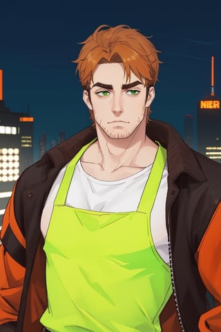 (1 image only), solo male, Gagumber, Sakugan, physical laborer worker, brown hair, two-tone hair, stubble, green eyes, thick eyebrows, (white tank top), (orange High-visibility jacket), open jacket, green work pants, black boots, black gloves, mature, handsome, charming, alluring, smirk, ((portrait, close-up)), perfect anatomy, perfect proportions, high_resolution, dutch angle, detailed background, cyberpunk city,1guy