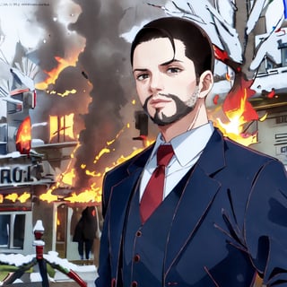 Highly detailed, High Quality, Masterpiece, beautiful, 1man, IncrsDisasterGirlMeme, fire, smile, outdoors, Maeda, black hair, short hair, black eyes, facial hair, white collared shirt, red necktie, dark blue vest, dark blue jacket