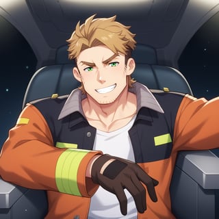 score_9, score_8_up, score_7_up, score_6_up, perfect anatomy, perfect proportions, best quality, masterpiece, high_resolution, high quality, solo male, Gagumber, brown hair, two-tone hair, sideburns, facial hair, stubble, green eyes, thick eyebrows, white tank top, (jacket on shoulders, floating jacket:1.3), orange high-visibility bomber jacket, , bare shoulders, bare arms, black gloves, green work pants, sitting in a huge industrial mecha, mecha cockpit, operator's seat, mecha joystick, outstretched arms, outstretched legs, spread legs, ((2 hands holding joysticks)), science fiction, adult, mature, masculine, manly, handsome, charming, alluring, serious, intense eyes, v-shaped eyebrows, open mouth, grin, ((upper body)), view from side, cinematic still, emotional, harmonious, vignette, bokeh, cinemascope, moody, epic, gorgeous