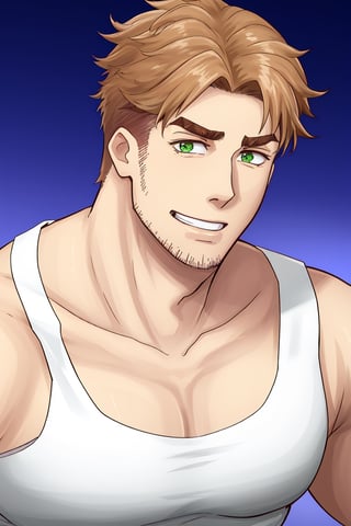 (1 image only), solo male, Gagumber, Sakugan, physical laborer worker, brown hair, two-tone hair, stubble, green eyes, thick eyebrows, ((white tank top)) , bare shoulder, bare neck, green work pants, black boots, black gloves, mature, handsome, charming, alluring, smile, ((portrait, close-up)), perfect anatomy, perfect proportions, high_resolution, dutch angle, detailed background, steampunk city